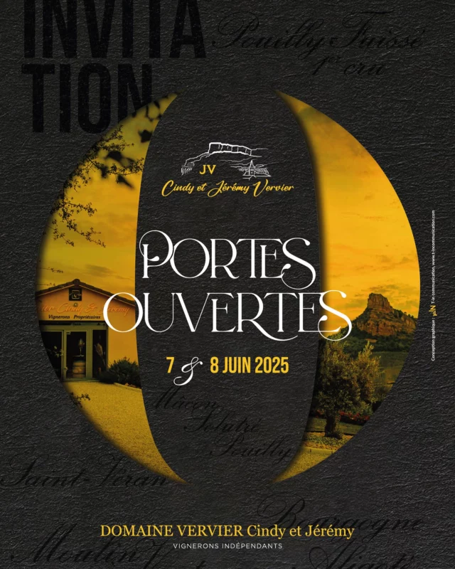 Portes Ouvertes au Domaine Vervier – 7 & 8 juin 2025

Nous avons le plaisir de vous inviter à un week-end festif et convivial au cœur de nos vignes, à Solutré-Pouilly.

Au programme :
	•	Dégustation de nos vins
	•	Food truck avec Jo’Tacos
	•	Soirée concert le samedi
	•	Espace gastronomie : crêpes sucrées, cocktails & cognac
	•	Jeux pour les enfants
	•	Un moment de détente pour les amateurs de cigares, face à la Roche de Solutré

Tentez également votre chance pour gagner un coffret découverte de nos cuvées !

Service voiturier disponible – Réservation conseillée pour le repas du soir.

Venez vivre l’expérience du Domaine Vervier, dans une ambiance chaleureuse et authentique.

@rds.lesensablees @clemence_parmentier_gilabert @maisongalardbonnefoy @jo_tacos_ @doucet_events 

#portesouvertes #domainevervier #solutrepouilly #bourgogne #vigneronindependant #vinsdebourgogne #oenotourisme #weekendconvivial #concert #gastronomie #momentplaisir